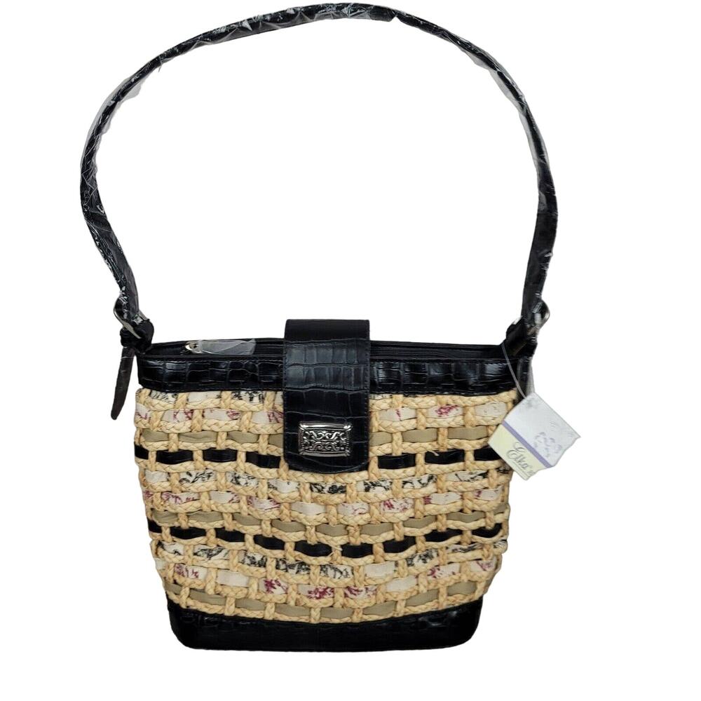 Vintage Straw Purse Cottagecore Woven Rattan Black Tan Elka Handbags New 90's